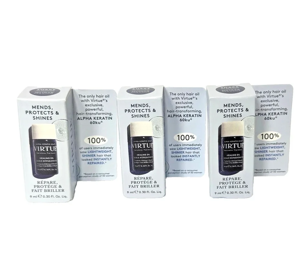 (Lot of 3) Virtue Healing Oil 9ml ea/27ml Total Keratin Hair Repair NEW in Box